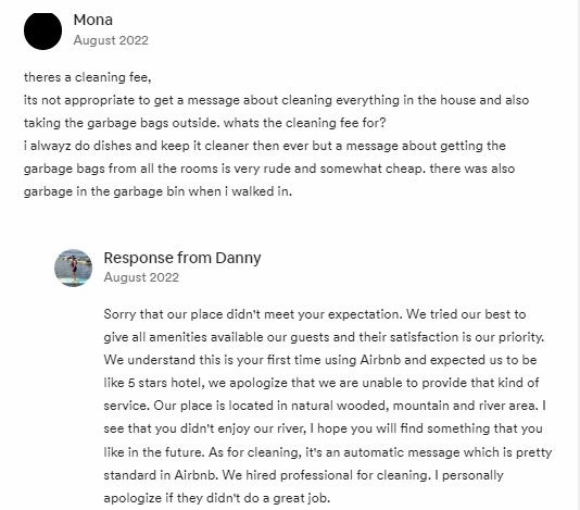 Airbnb.com review and reply