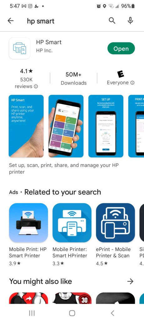 HP Smart App Main page